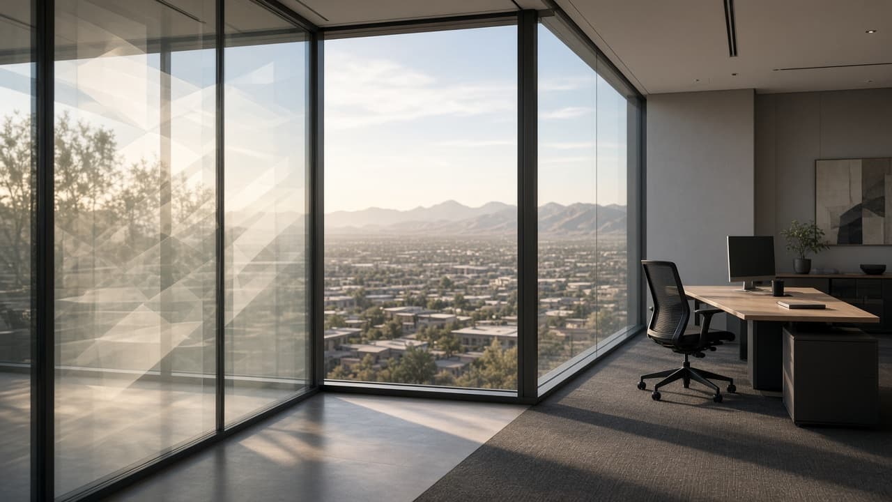 Sunlit perimeter glass inside a finished Arizona commercial office